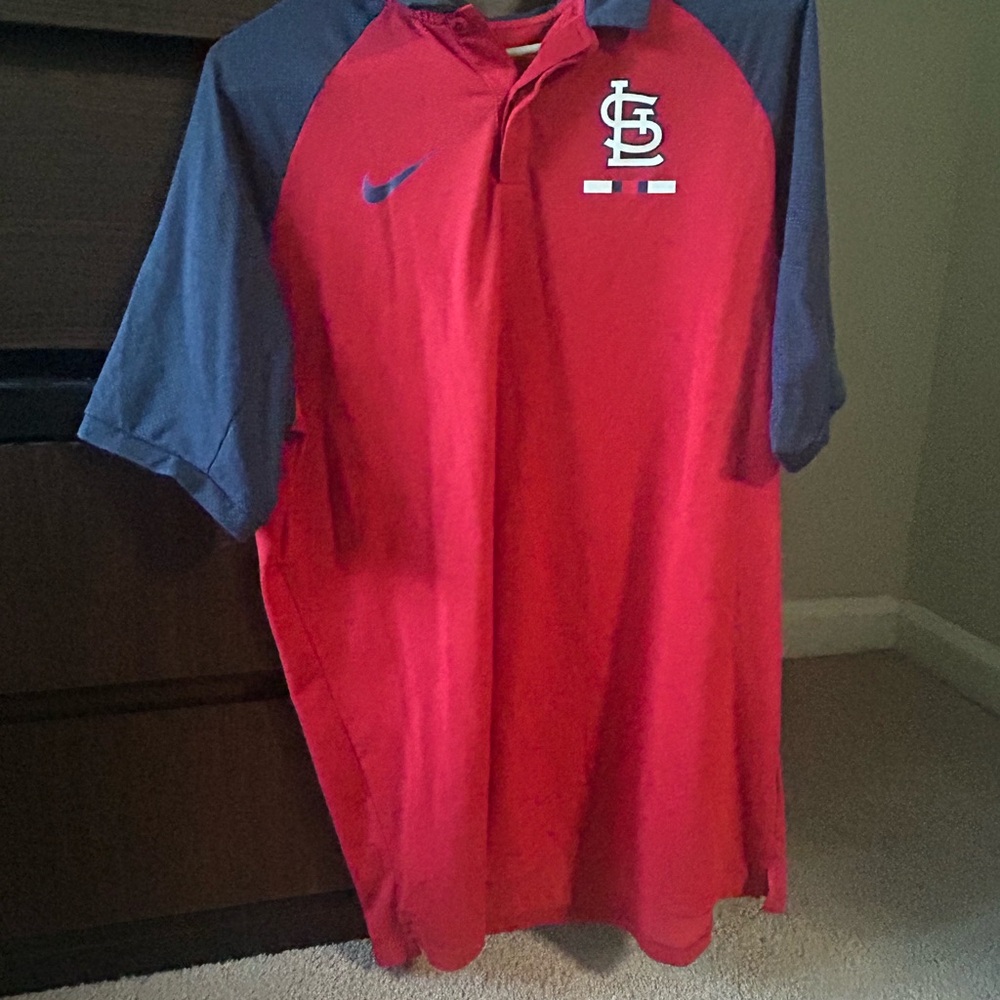 Nike Red Polo with Navy Sleeves and St. Louis Cardinals Logo